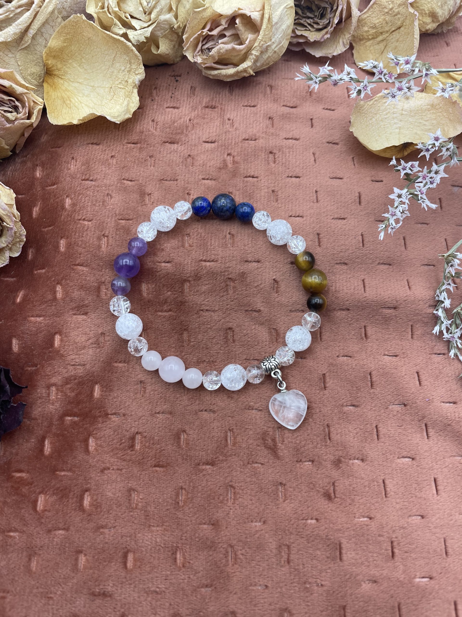 Bracelet en pierres naturelles - Cristal / Lapis Lazuli / Quartz Rose / Améthyste
